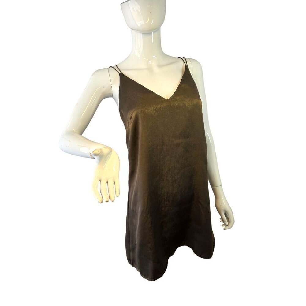 Nude Open Back Strappy Slip Dress Sz S Olive Green Silky Polyester Plunging V